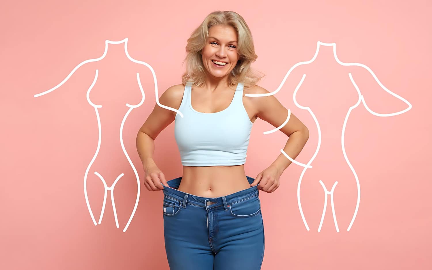 Semaglutide fogyás boldog nő nagy farmerben testsúlycsökkenés után