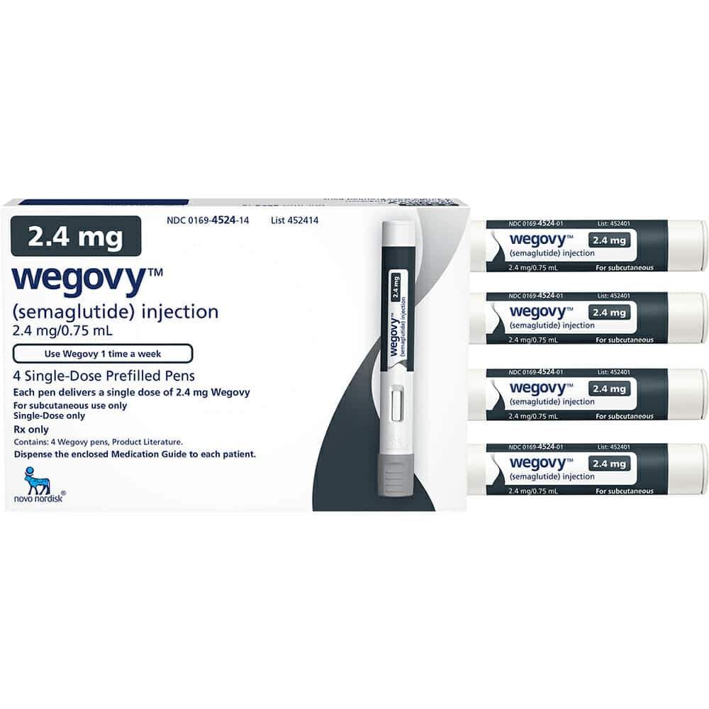 Wegovy tabletta 2.4 mg kiszerelésű előretöltött injekciós tollak doboza.