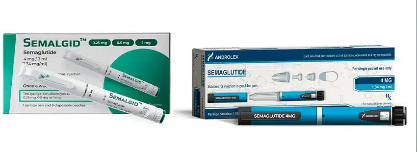Fogyókúrás injekció semaglutid hatóanyaggal, Semalgid és Androlex tollak csomagolásban