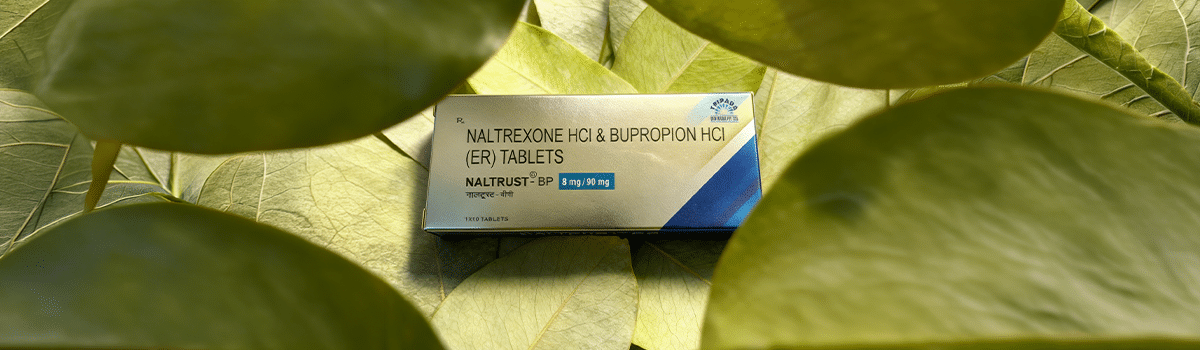 NALTRUST-BP 8/90 mg tabletta csomagolása bupropion étvágycsökkentő hatóanyaggal levelek között elhelyezve