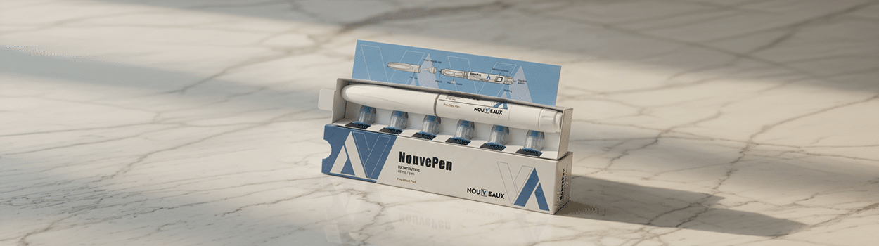 Retatrutide 40mg NouvePen előretöltött injekciós toll dobozban, tartozék tűkkel és Nouveaux márkajelzéssel