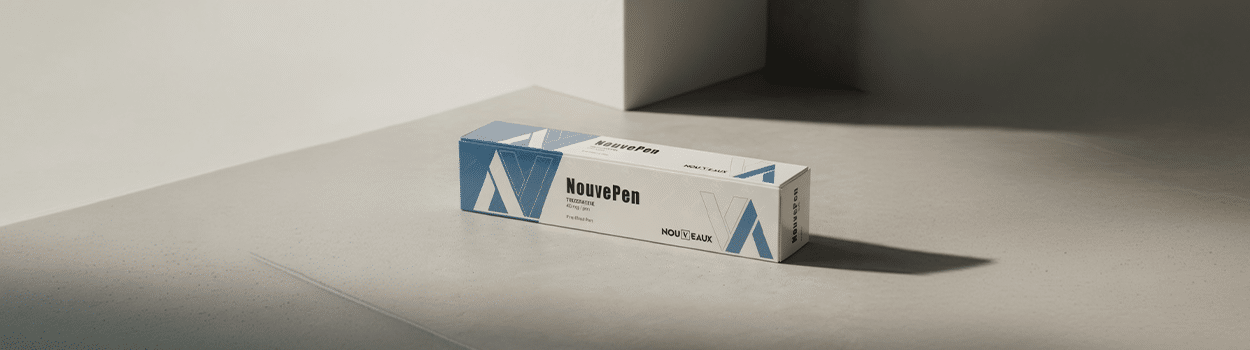 Tirzepatide 40 mg NouvePen előretöltött injekciós toll zárt dobozban, letisztult termékfotón